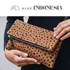 Alus Indonesia Calf Hair Leather Clutch Purse Crossbody Animal Cat Brown Black